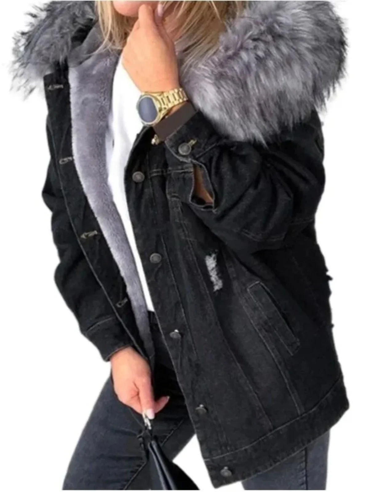 Warm Denim Jaet for Women Long Sve Hooded Street Sle Loose Fit Button Closure Pure Color Autumn Collection Coat