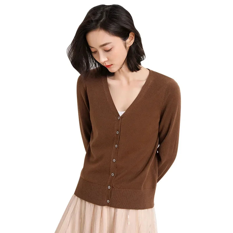 2026 Women Cardigans Long Sleeve Knitted Outerwear Solid Thin Spring / Autumn Sweaters V-neck Knitwear Cardigans