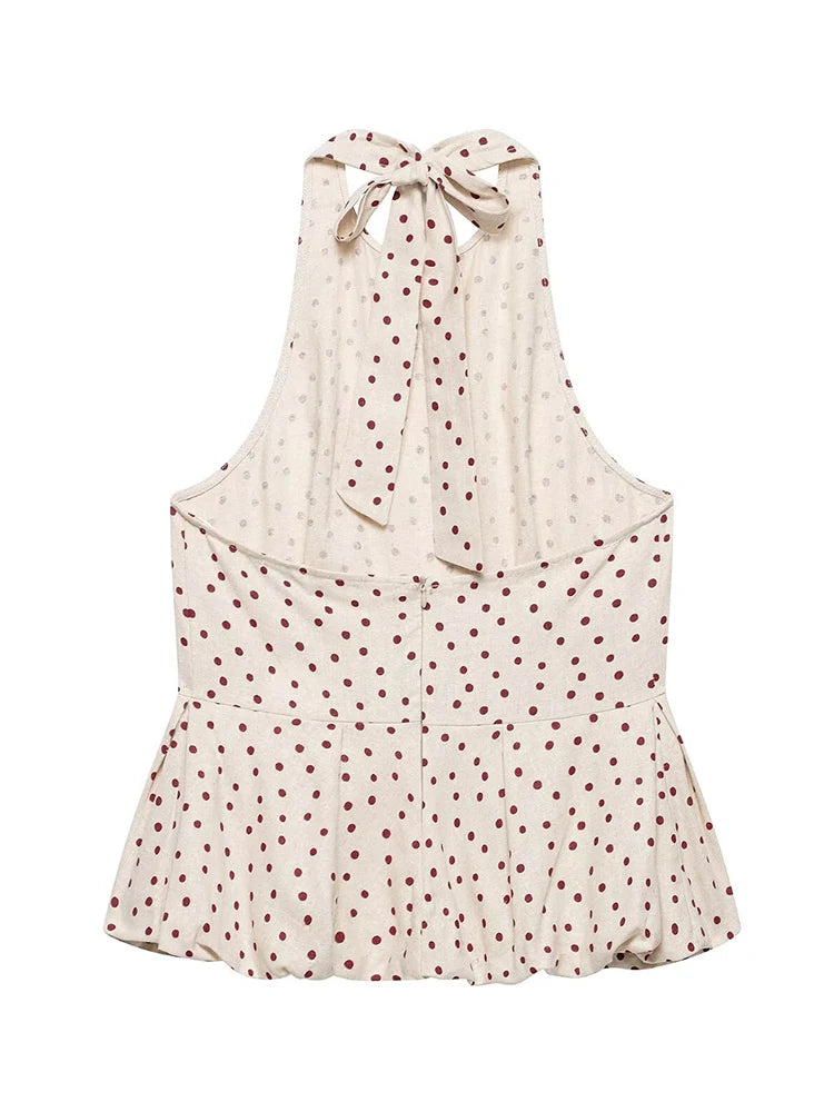HH Women Summer Spring Fit Polka Dot Halter Neck Top Summer Sleeveless Peplum Linen Blend Blouse For Casual Summer Outfits