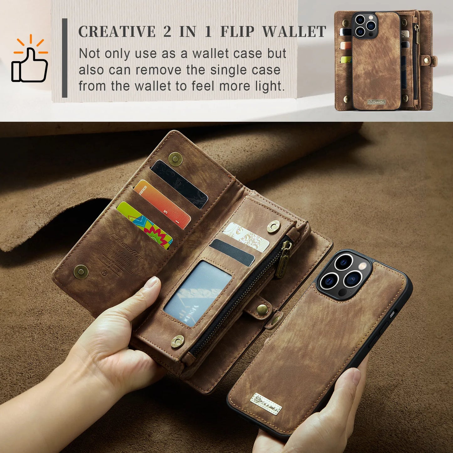 for iPhone 14 Pro Max Wallet Case with Strap Zipper Wallet Card Slots & Detachable Magnetic PU Leather Case Wallet for Women/Men