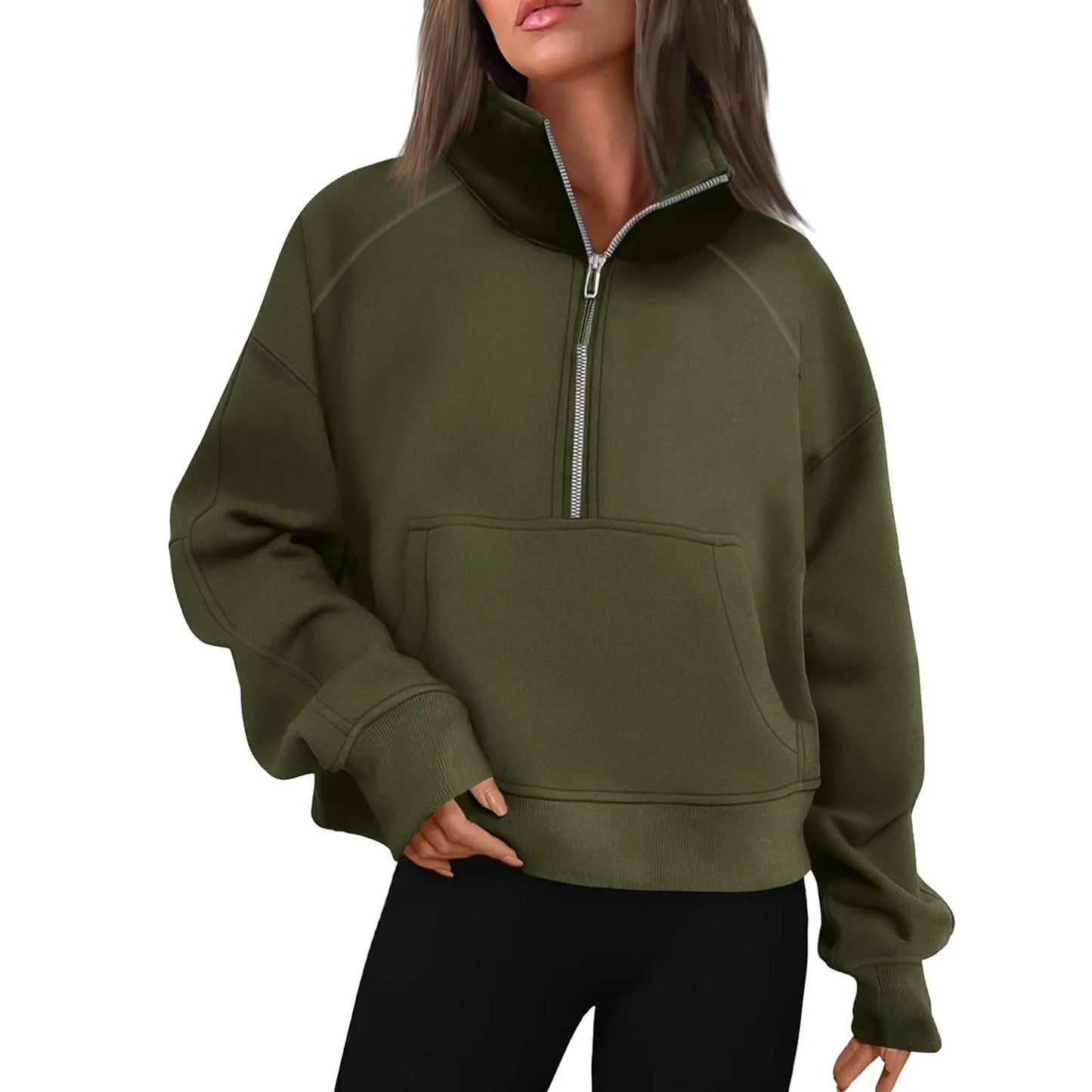 New Women's Hoodies Autumn Winter Stand Collar Plus Fleece Solid Color Sweatshirts Long Sleeve Pocket Loose Half Zip Pullover