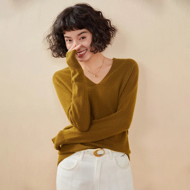 Autumn And Winter New Women's Cashmere Sweater 100% Pure Cashmere V-neck Knitted Pullover Long Sleeved Hot Selling Women's Top