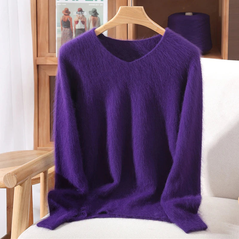 Fall/Winter Fashion Mink Cashmere Women's V-neck Pullover Bottom Shirt Slim Knitted Sweater Short Plus Size