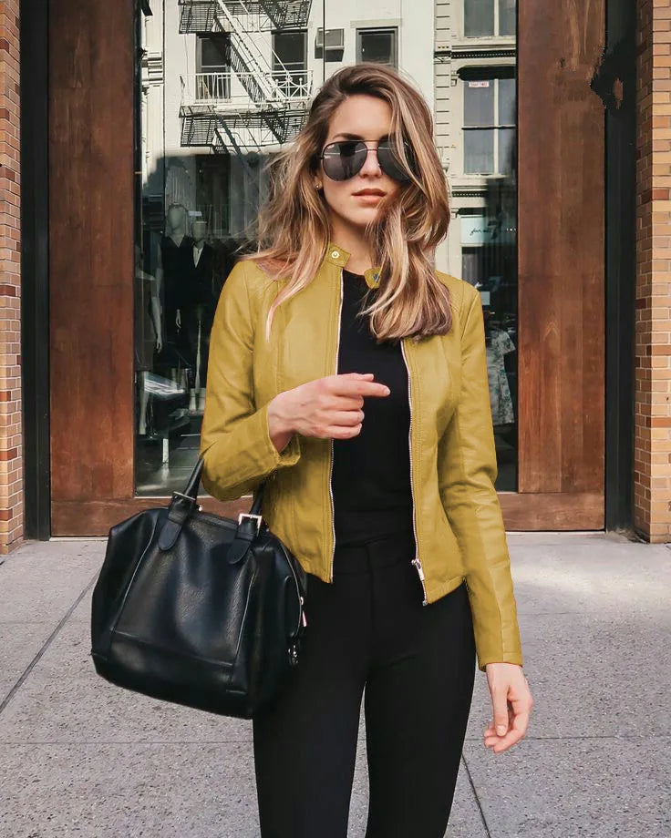 KIDCRKJ Spring Autumn Women's Leather Jacket Solid Color Zipper Female PU Suit Jacket O-neck Casual Jacket Women's Outwears