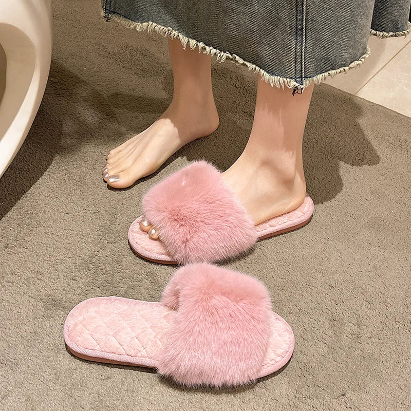 Casual Fluffy Slippers Women House Flat Warm Plush Designer Shoes Ladies Fashion Trend Winter Platform Footwear Elegant Open Toe
