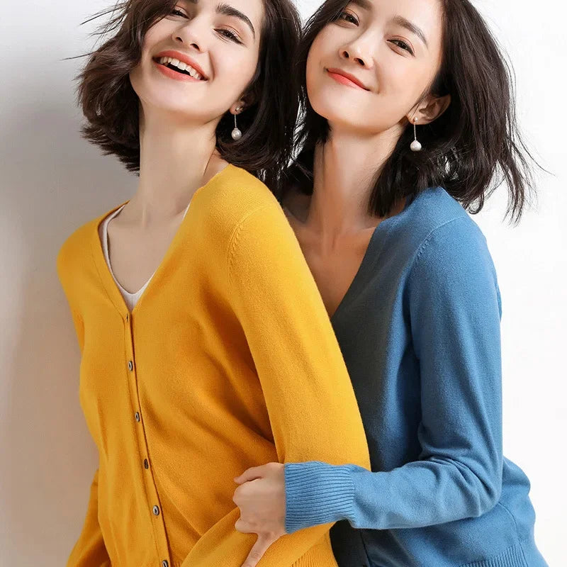 2026 Women Cardigans Long Sleeve Knitted Outerwear Solid Thin Spring / Autumn Sweaters V-neck Knitwear Cardigans