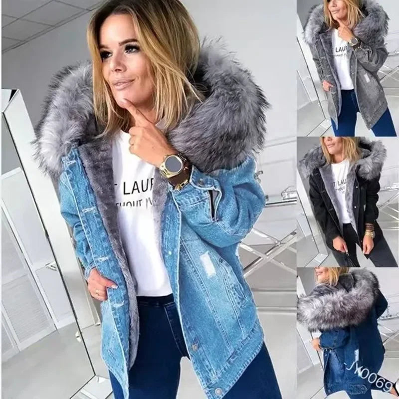 Women's Denim Jacket Hole Design Thickened Autumn Winter New Style Cotton Casual Fashion Outerwear Upper Apparel