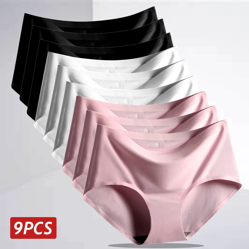 9PCS Ice Silk Seamless Panties For Women Sexy Mid Rise Underwear Female Intimate Briefs Breathable Comfort Large Size Lingerie