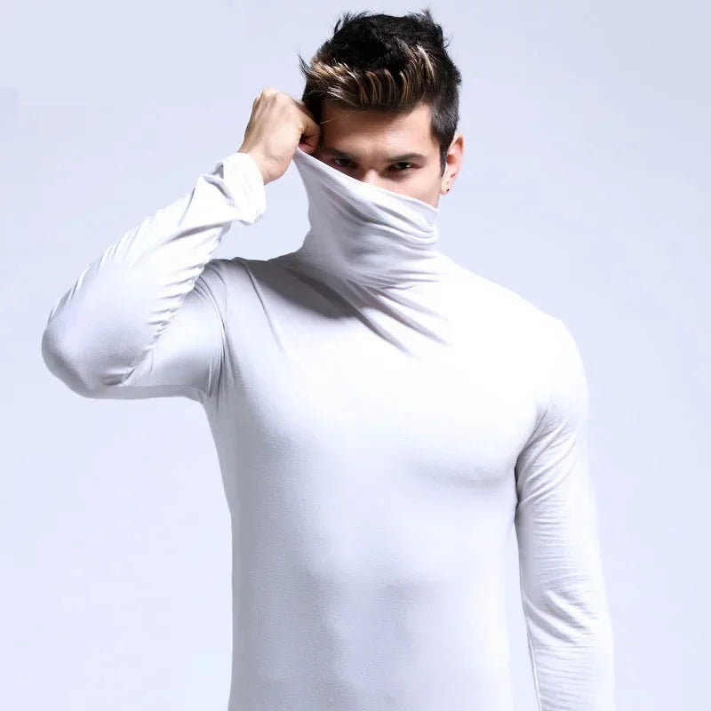 2025 Autumn New Men Mid To High Collar Warm Clothes Solid Color Outdoor Leisure  Male Running Slimming Long Sleeve Bottom Shirt