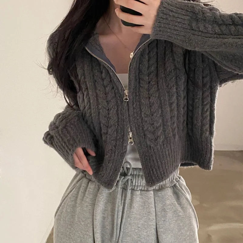 Loose Knitted Open Cardigan Sweater Spring Autumn Retro Collar Twist Version Top zipper Women's Faion