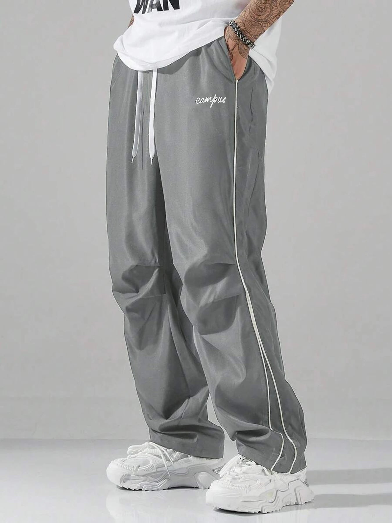 UETEEY Mens Sport Straight Leg Pants Drawstring Elastic Waist Casual Trousers Men Streetwear Solid Color All Season Hot Sale