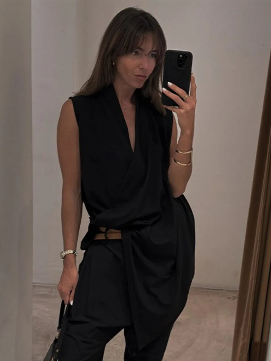 2026 Summer New Women  Sleeveless Irregular  Solid  Color, Button V-neck Vest Top