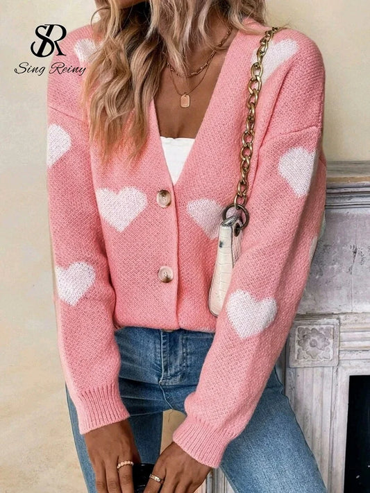 Sweet Love Knitted Cardigan Women 2026 Spring, Summer,  Autumn V-neck Print Warm Sweaters Long Sleeve Casual Loose Knitted Tops
