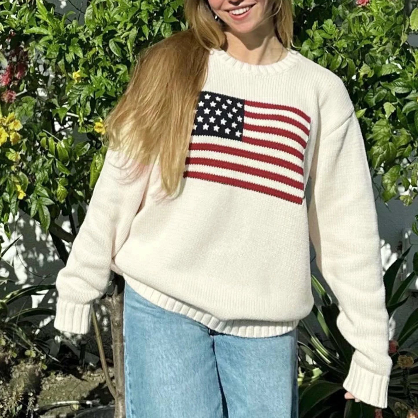 Women's Loose Fit Sweaters, Spring, Fall,  Winter Casual Stars Stripe Flag Print Round Neck Long Sleeve Pullovers Knitted Jumpers