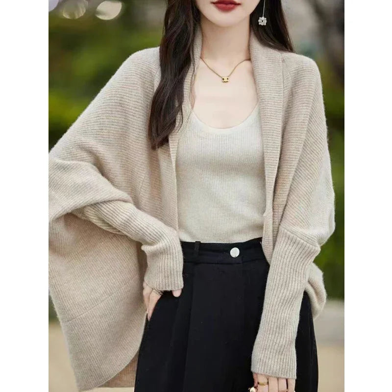 Winter Women Long Sleeve Batwing Sleeve Knitted Top Cardigan Loose Elegant Knitwear Vintage Shawl Autumn Outerwear