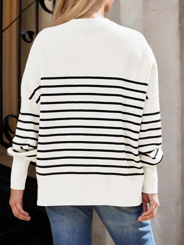 New in Women Autumn Winter Sweaters O-neck Striped Knitwear Fashion Long Sleeve Loose Sweaters Female Casual Style New Tops