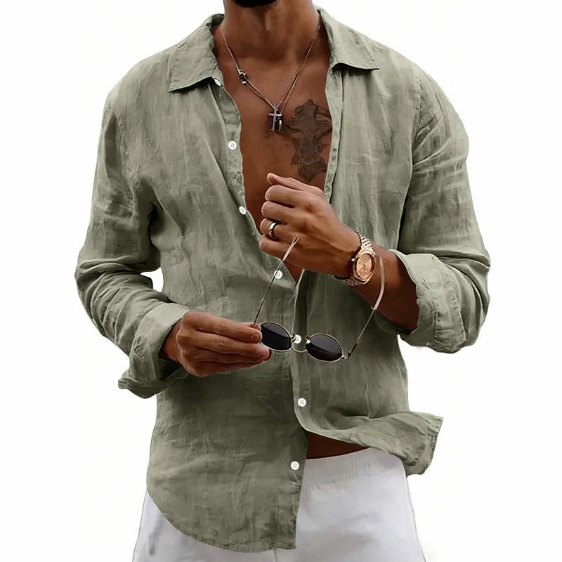 Men’s Long Sleeve Linen Shirt Button Down Casual Beach Vacation Top 2026