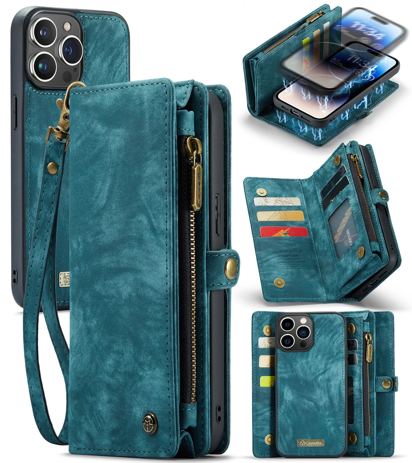 for iPhone 14 Pro Max Wallet Case with Strap Zipper Wallet Card Slots & Detachable Magnetic PU Leather Case Wallet for Women/Men