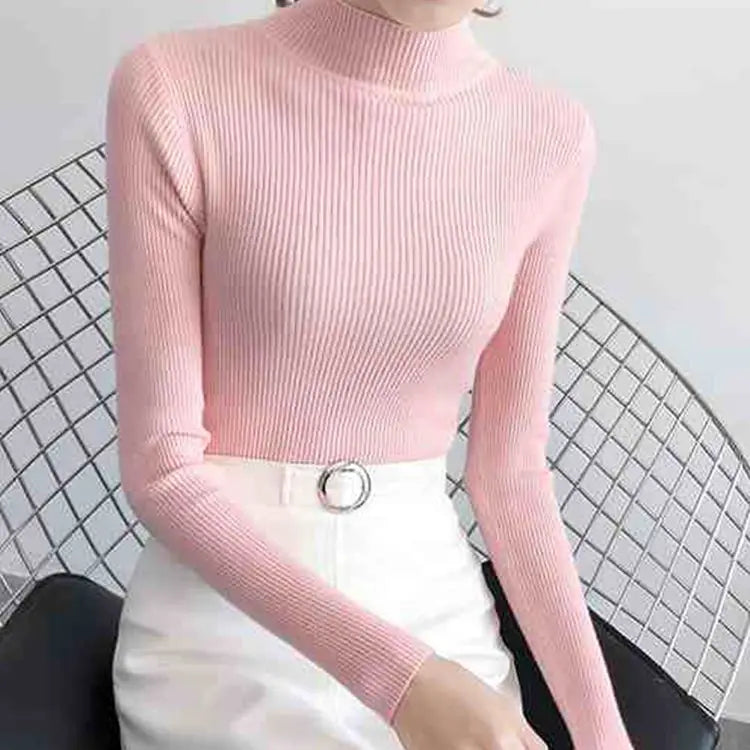 Early Spring, Autumn Winter Mock Neck Women Sweater Vintage Basic Solid Knitted Tops Casual Slim Pullover Korean Sweaters Simple Chic Jumpers