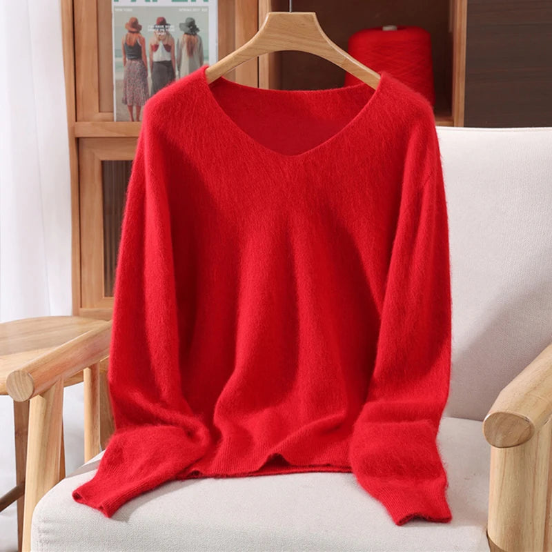 Fall/Winter Fashion Mink Cashmere Women's V-neck Pullover Bottom Shirt Slim Knitted Sweater Short Plus Size