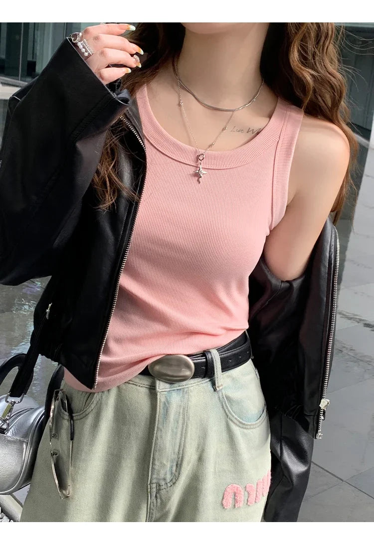 zjaiss Women Solid Round Neck Ribbed Tank Top Camisole Women Summer Basic Elastic Tank Top O Neck Solid Tank Top 2026