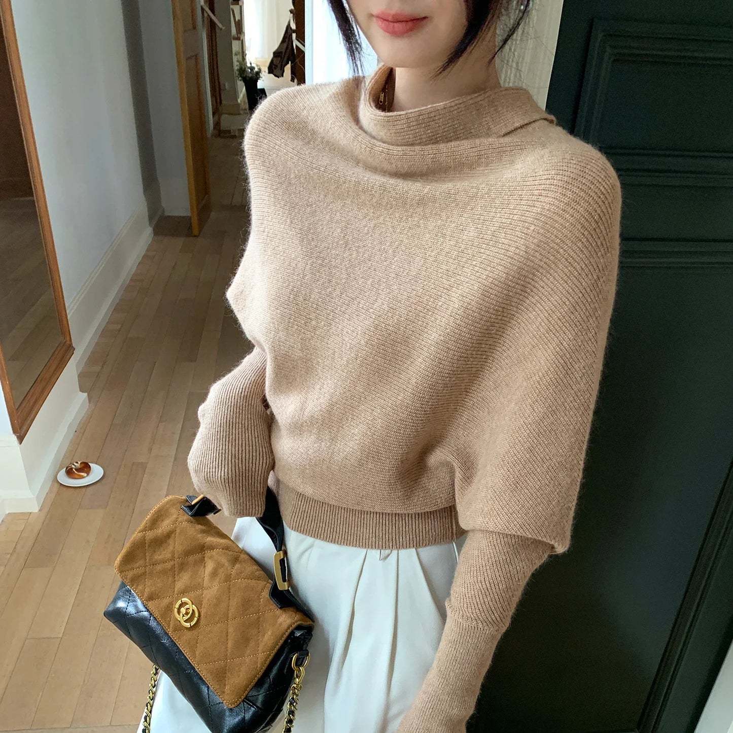 Trendy Autumn Winter Advanced Slouchy Neck Soft Warm Jumper Fashion Knitted Women's Pullover Women Batwing Sleeve Loose Sweater