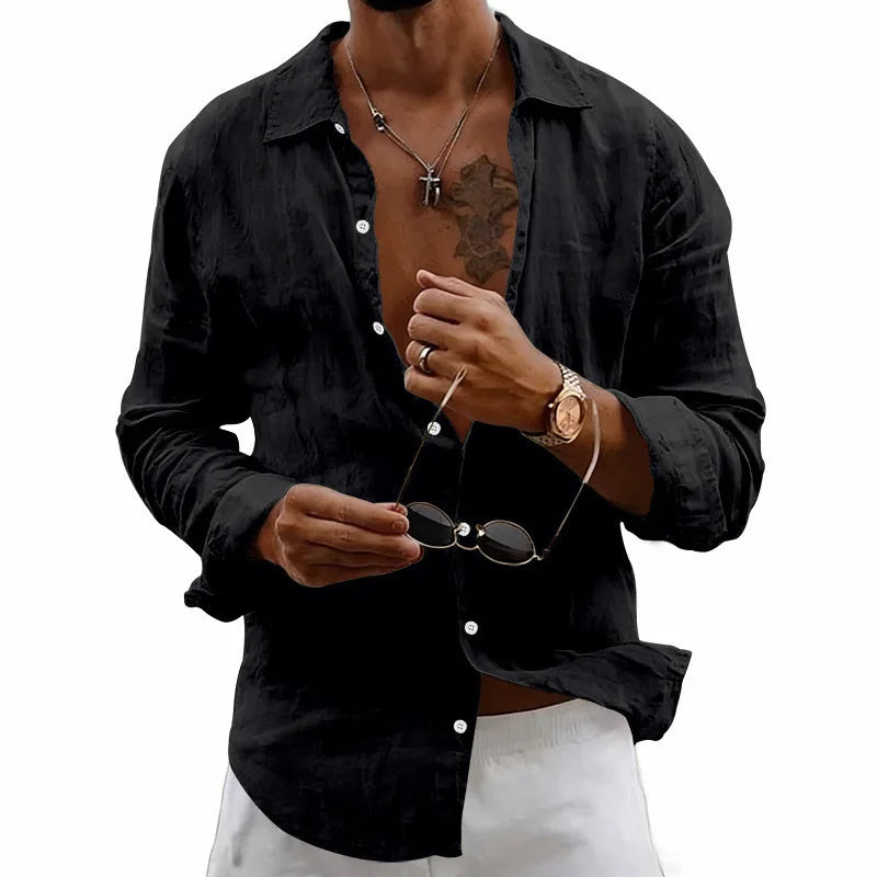 Men’s Long Sleeve Linen Shirt Button Down Casual Beach Vacation Top 2026