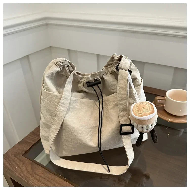 2024 New Large-capacity Waterproof Nylon Cloth Drawstring Pleated Shoulder Bag Travel Leisure Crossbody Bucket Bag
