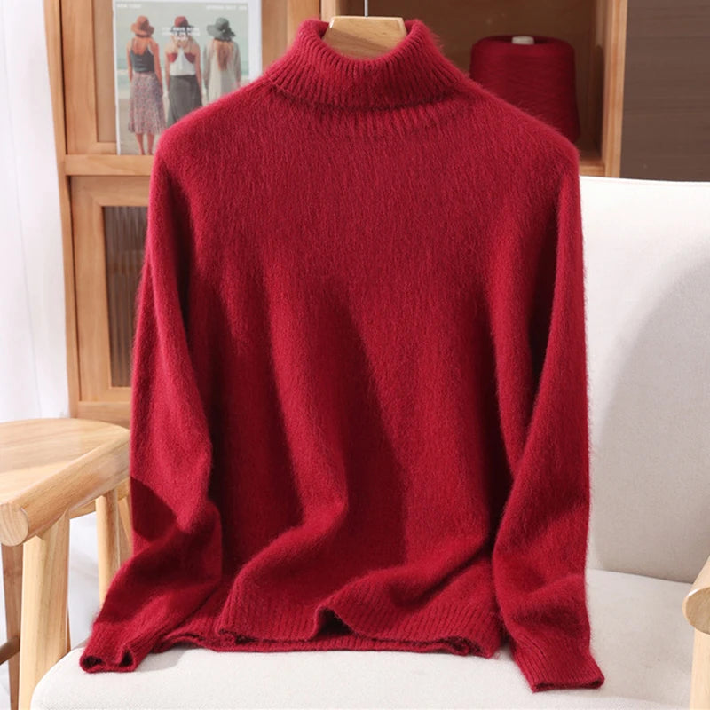 High End Mink Fur Sweater, Women's Solid Color High Collar Pullover, Cashmere Warm Sweater, Knitted Base Sweater, Autumn Winter