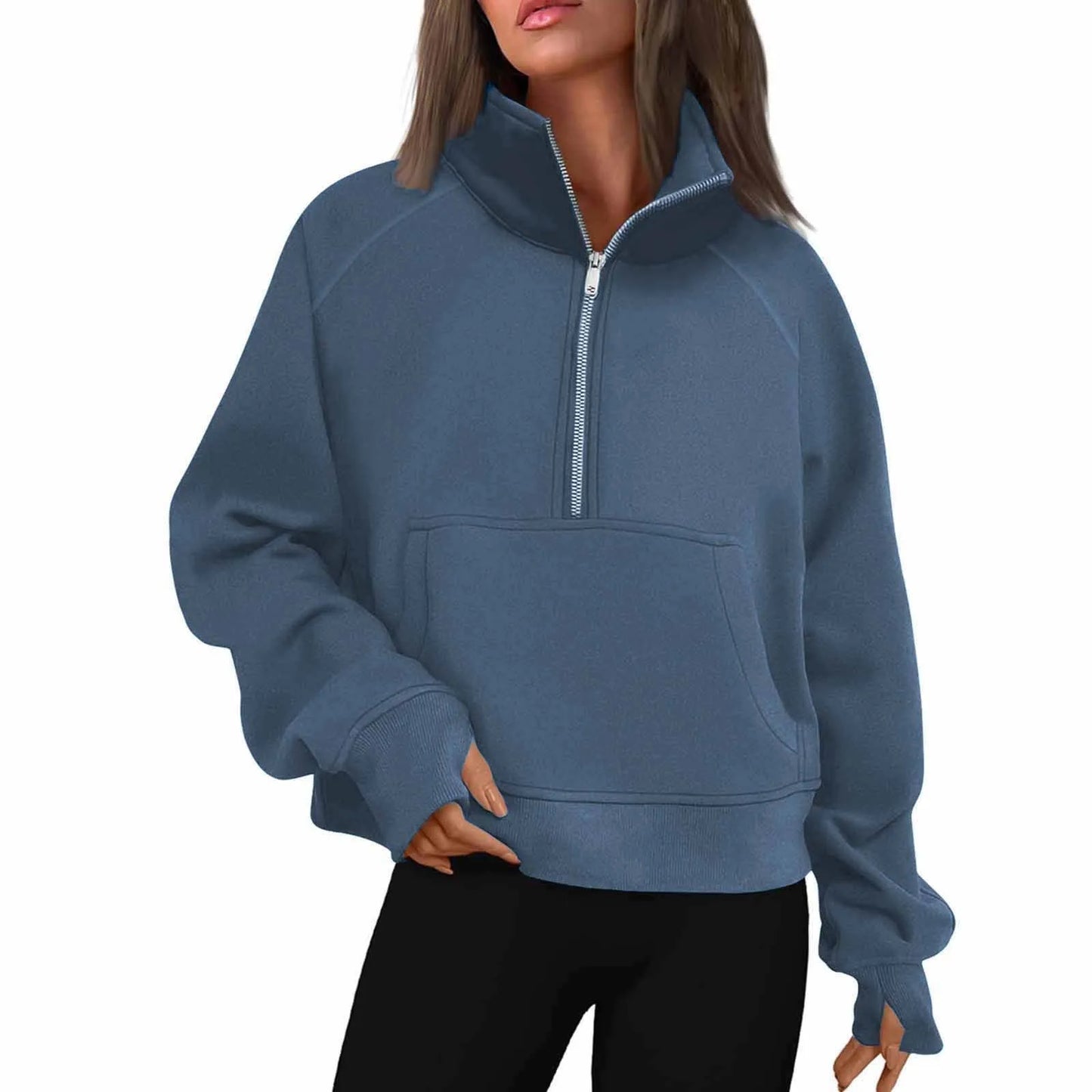 New Women's Hoodies Autumn Winter Stand Collar Plus Fleece Solid Color Sweatshirts Long Sleeve Pocket Loose Half Zip Pullover