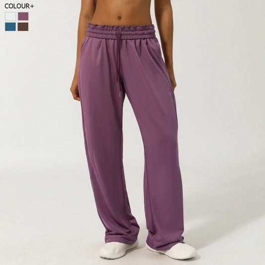 Women Solid Color Sweatpants Drawstring Waist Pocket Running Yoga Pants Loose Wide Leg Casual Sports Trousers Workout Clothes