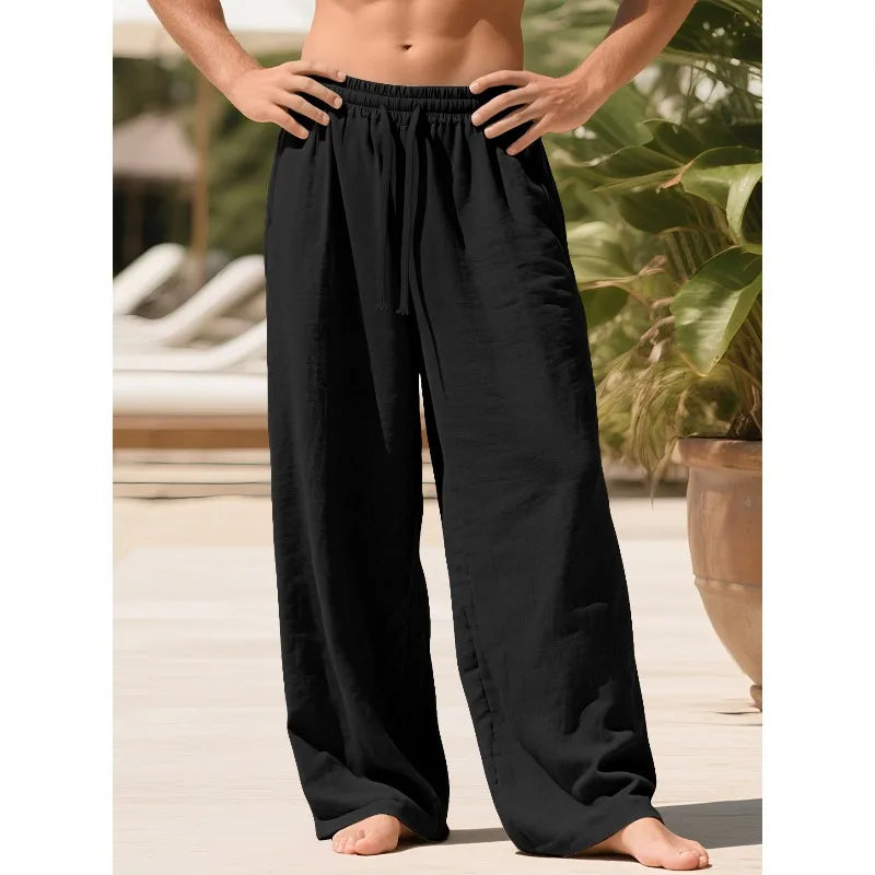 Men's Beige Linen Pants Casual Pants Summer Loose Fit Elastic Waist Straight Leg Pants Lightweight Casual Home Lounge Wear
