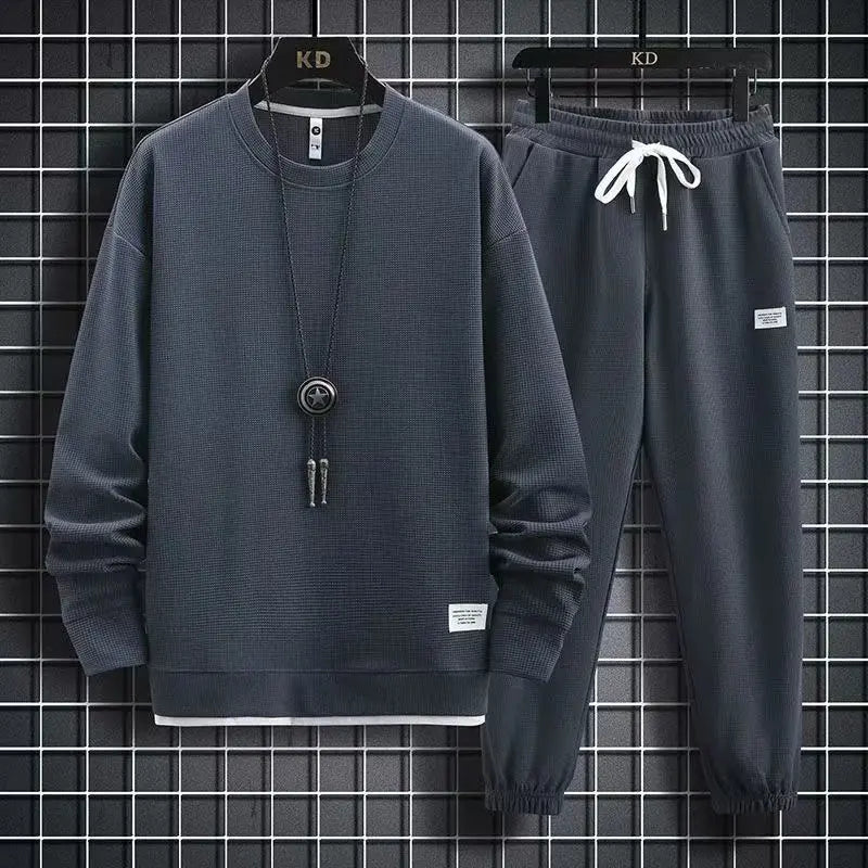 Men's Casual Sportswear Long Sleeve T-Shirt And Pants Set Spring, Autumn/Winter Cotton Plaid Fashionable Youth Outfit Long Pants