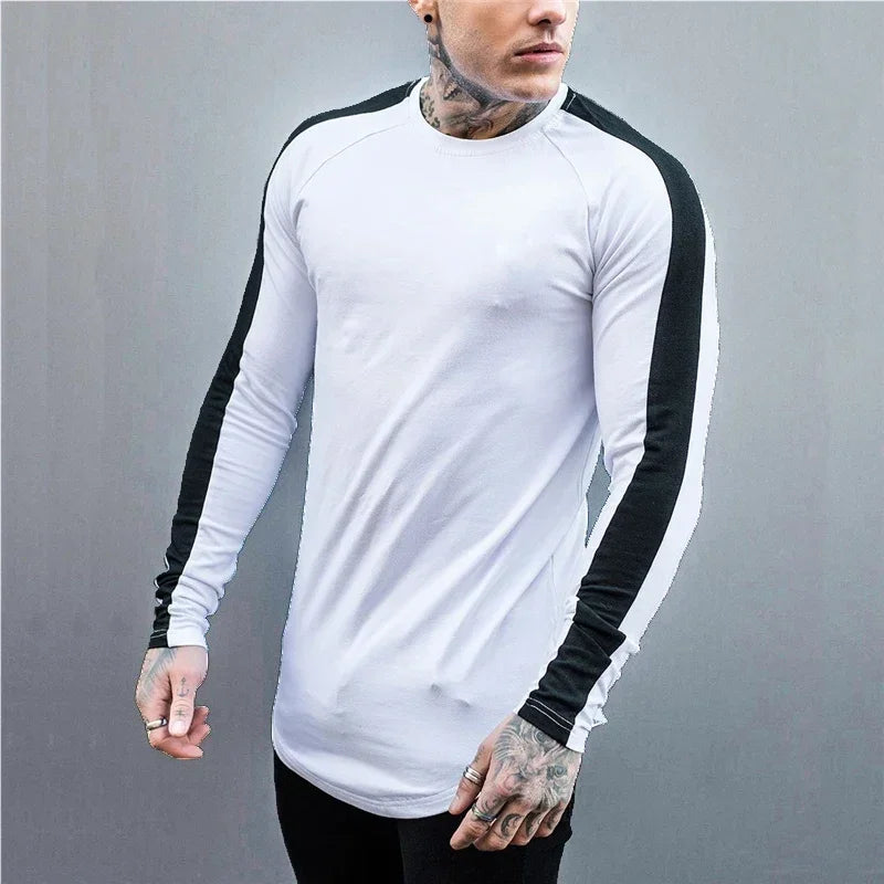 Plain Bodybuilding Sport Shirts Breathale Cotton Long Sleeve Tops Gym Fitness T-Shirts Slim Fit Contrast Color Hip Hop Clothing