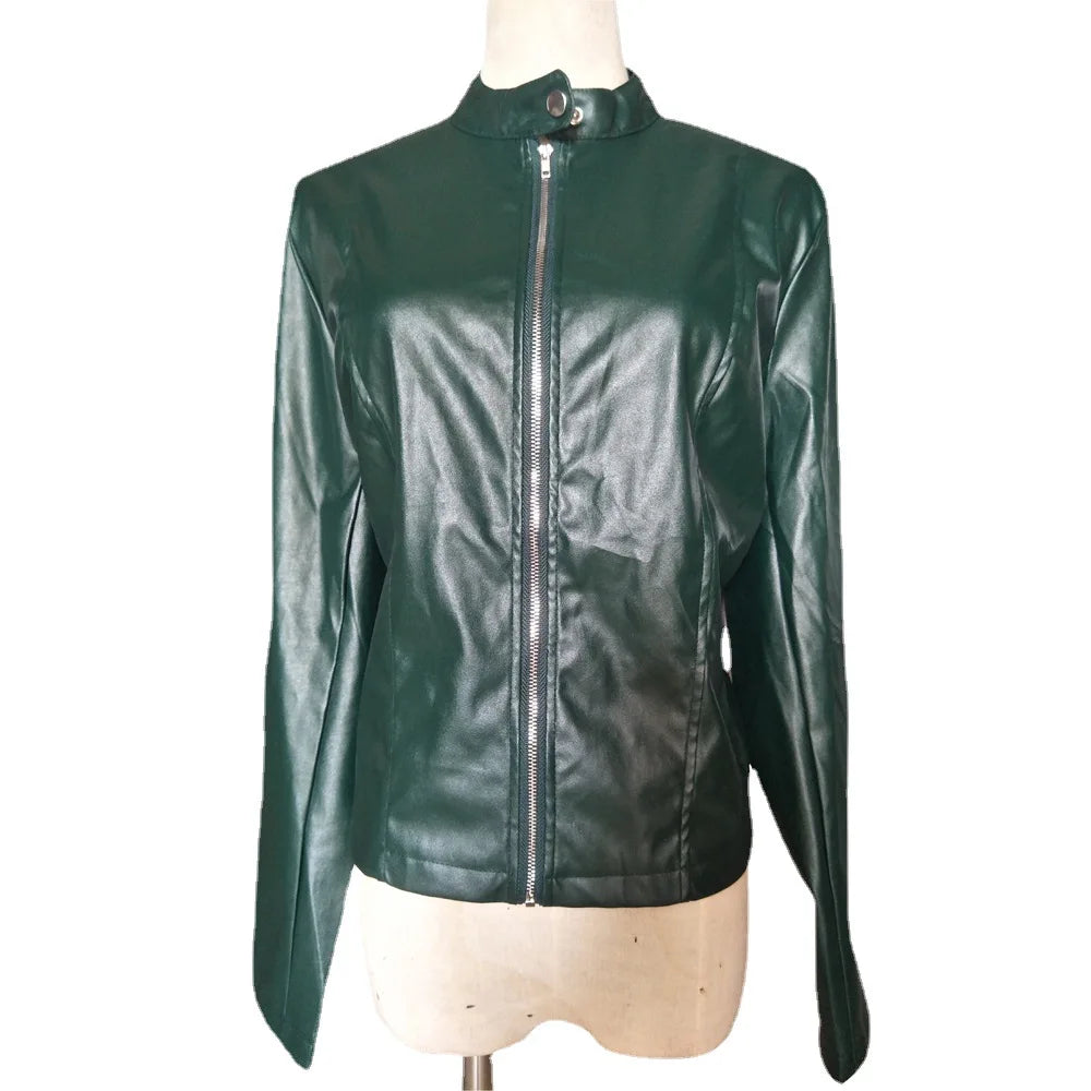 KIDCRKJ Spring Autumn Women's Leather Jacket Solid Color Zipper Female PU Suit Jacket O-neck Casual Jacket Women's Outwears