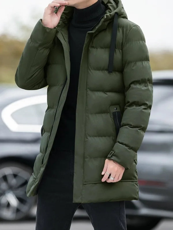 Men's Medium to Long Hooded Jacket Warm Cotton Coat Stand Fit all Season Collection