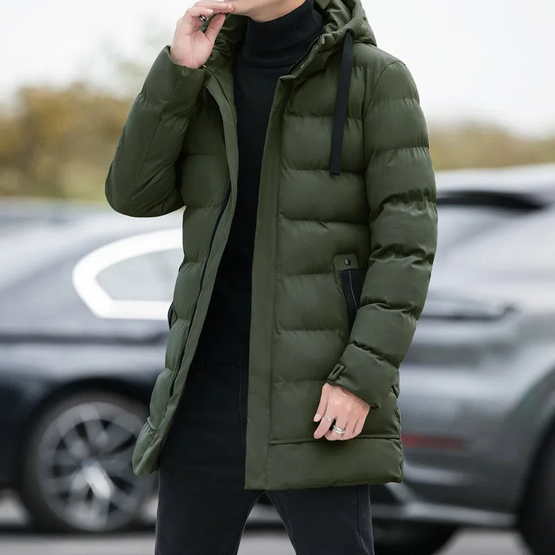 Men's Medium to Long Hooded Jacket Warm Cotton Coat Stand Fit all Season Collection
