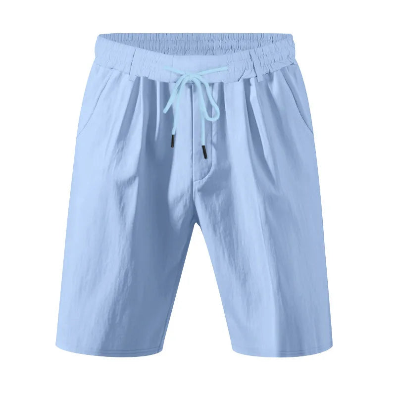 Men's Linen Feel Shorts Pleated Front Drawstring Waist Casual Summer Beach Pants Lightweight Vacation Bottoms with Belt Loops