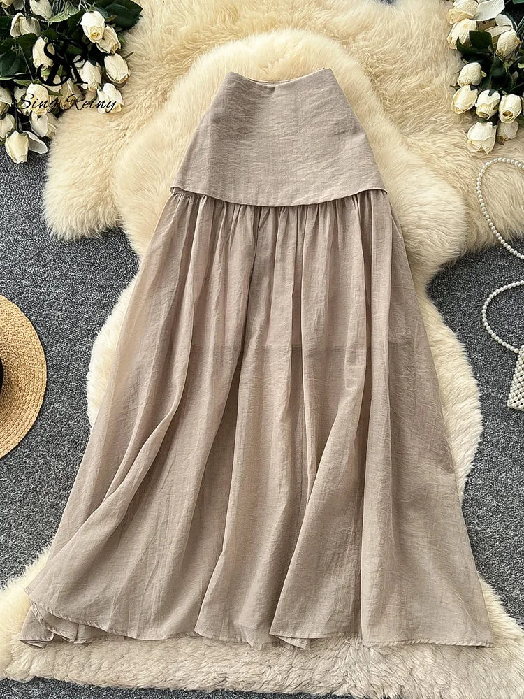 Simple Lazy Linen Skirt Summer 2026 Ladies Elegant Solid Patchwork A-line Commuting Low Rise Long Skirt