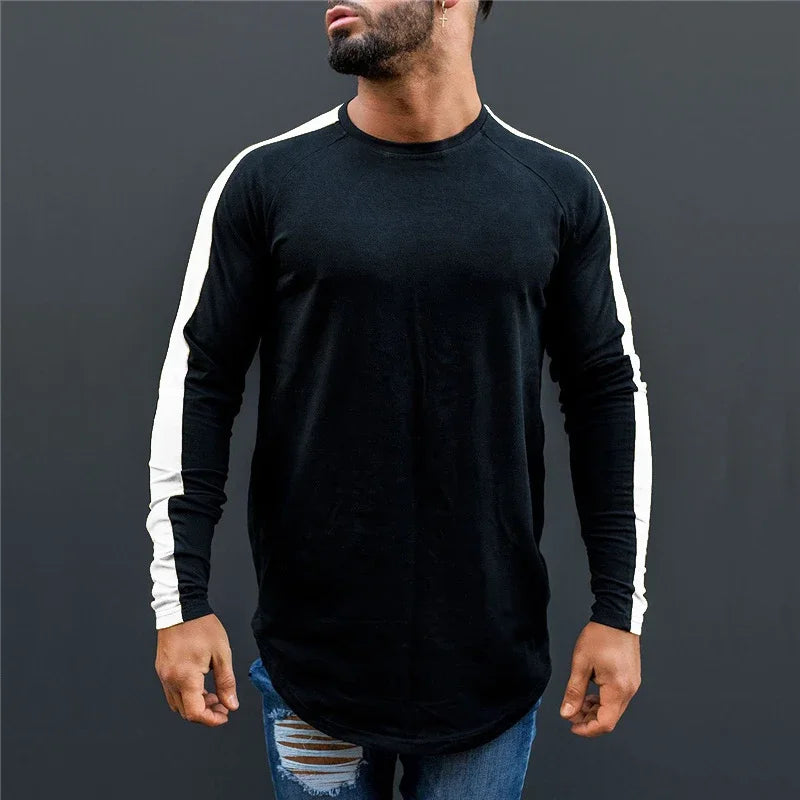 Plain Bodybuilding Sport Shirts Breathale Cotton Long Sleeve Tops Gym Fitness T-Shirts Slim Fit Contrast Color Hip Hop Clothing
