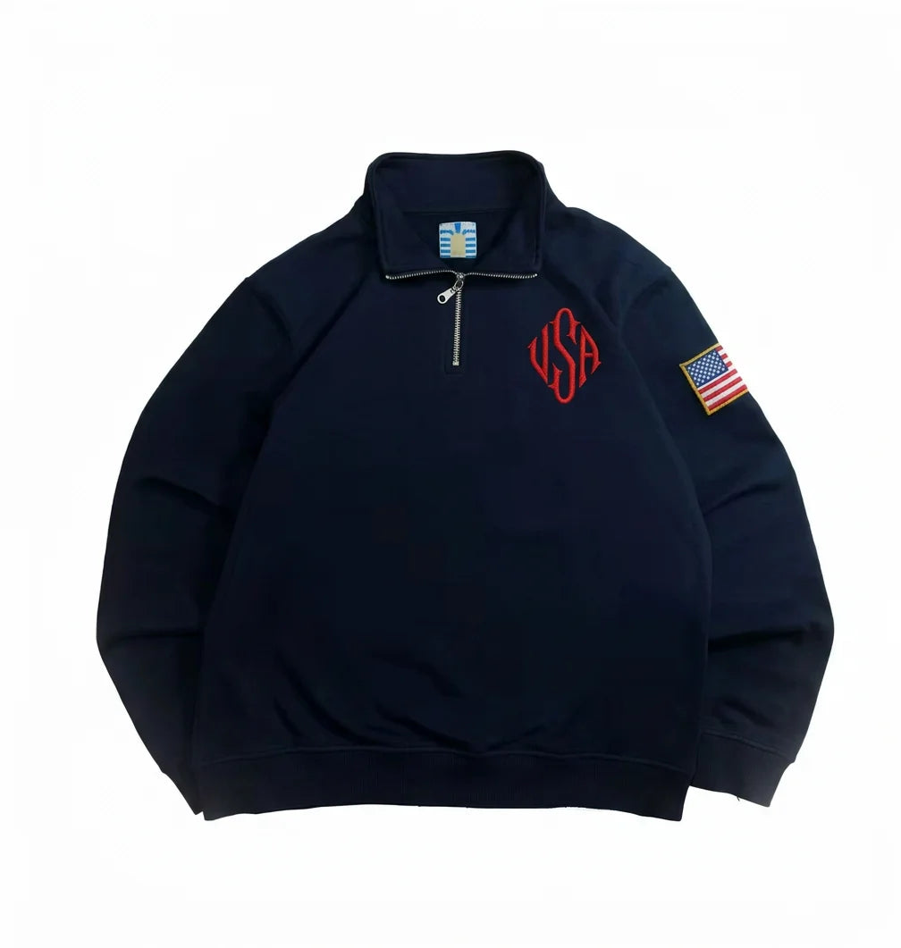 Y2K Navy Blue Quarter Zip Sweatshirt USA Embroidered American Flag Patch Jacket Men Women Vintage Streetwear Fashion Trend top