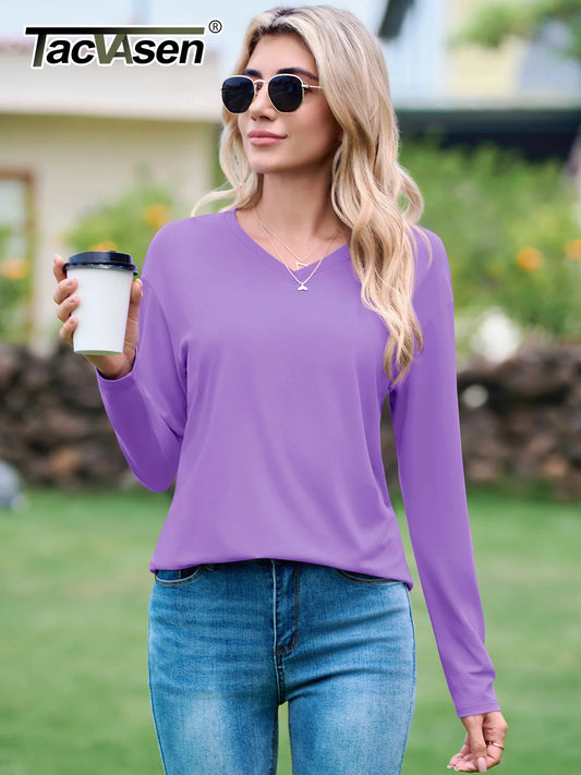 Women‘s Solid Color Drop Shoulder Breathable Cotton Shirts V Neck Casual Basic Tops Loose Fit Long Sleeve Tees