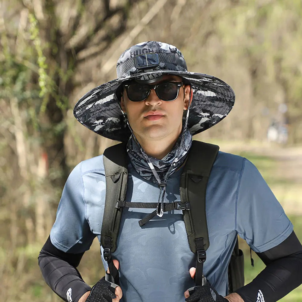 Solar Fan Hat Outdoor Fishing Hat with 2 Solar Fan Wide Brim Bucket Hat Summer Cap for Men Outdoor Camping Fishing Hiking
