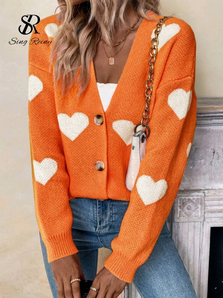 Sweet Love Knitted Cardigan Women 2026 Spring, Summer,  Autumn V-neck Print Warm Sweaters Long Sleeve Casual Loose Knitted Tops