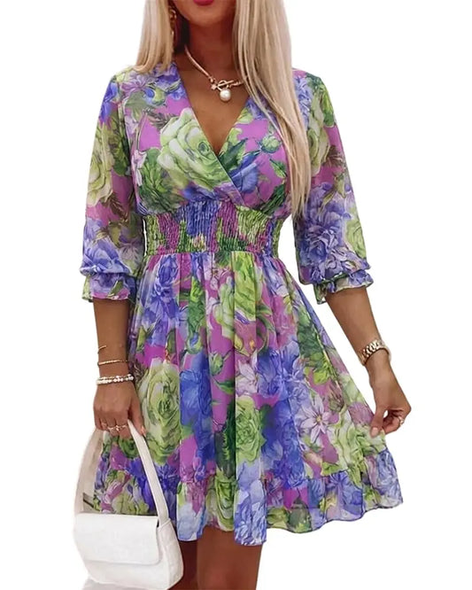 Women Floral Wrap Dress V-Neck High Waist Short Layered Summer Casual Beach Guest Dress