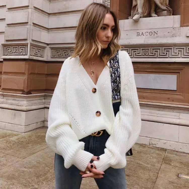2026 Autumn/Winter New Women's Cardigan, Pure Color V-Neck, Bell Sleeve, Button Knit Cardigan