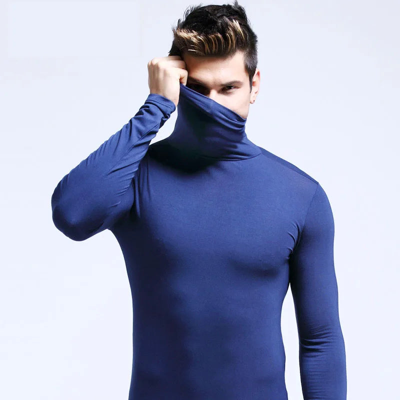 2025 Autumn New Men Mid To High Collar Warm Clothes Solid Color Outdoor Leisure  Male Running Slimming Long Sleeve Bottom Shirt