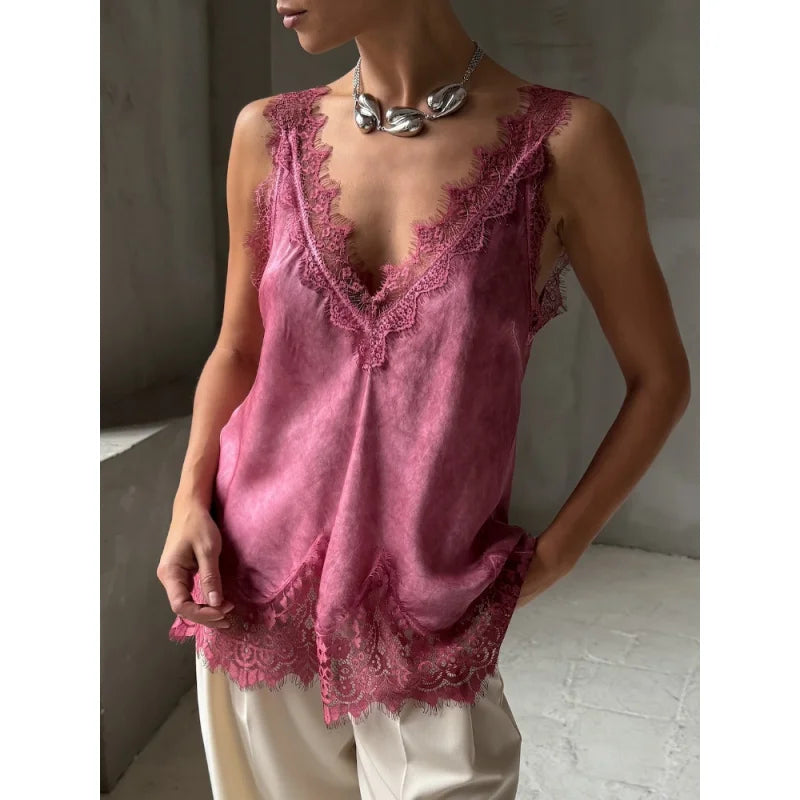 Summer Lace T-Shirt White Fashion Lace Patchwork Sleeveless Casual Tank Top Elegant Streetwear Party New Women'S Camis