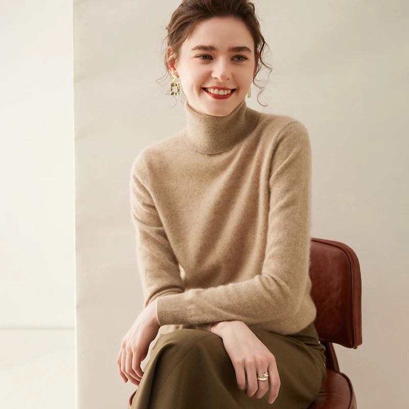 Cashmere Sweater Women's Turtleneck Long Sleeved Knitted Pullover 100% Pure Cashmere Base Sweater Korean Version Women's Top