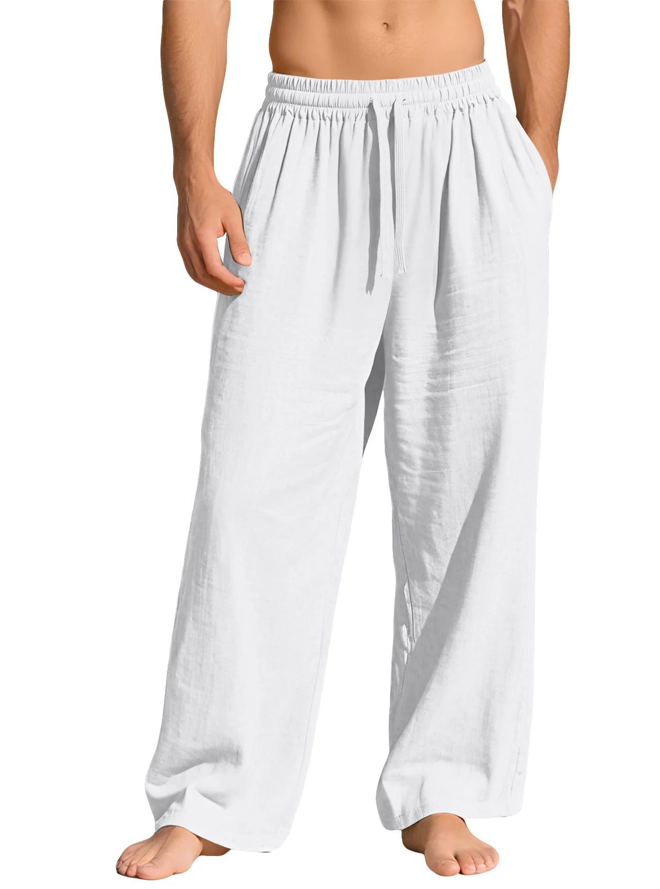Men's Beige Linen Pants Casual Pants Summer Loose Fit Elastic Waist Straight Leg Pants Lightweight Casual Home Lounge Wear